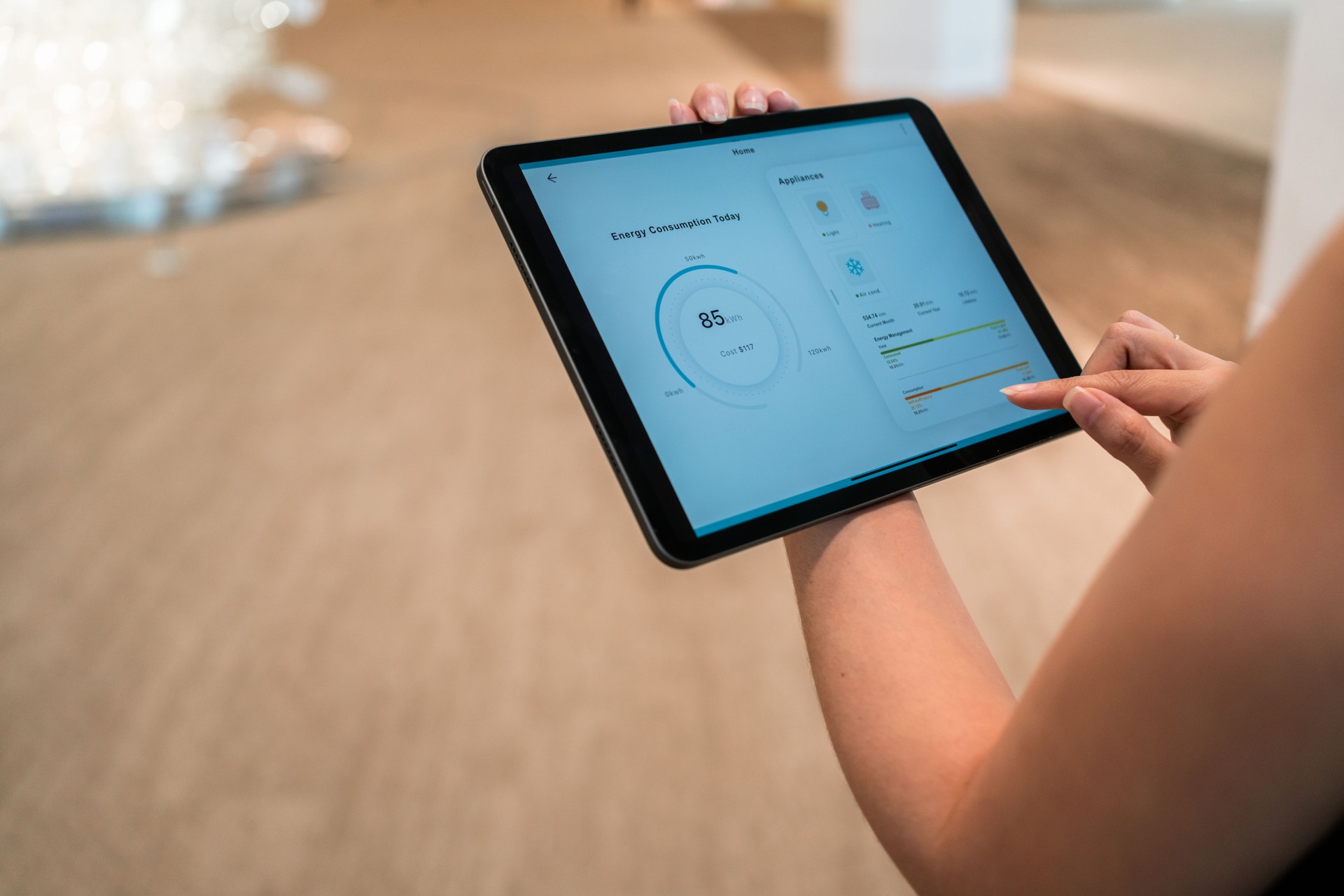 Person monitoring energy consumption on tablet device